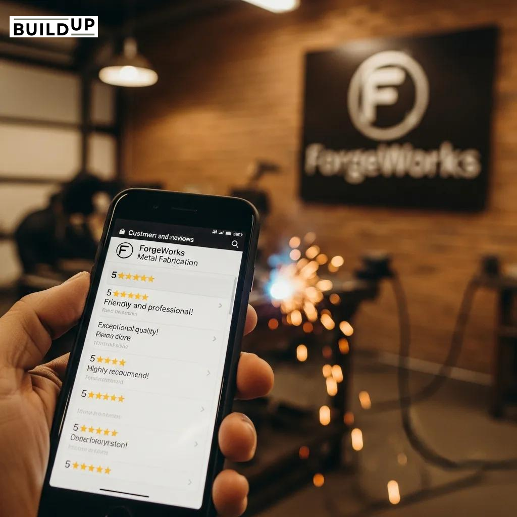 Smartphone Showing Positive Customer Reviews For A Metal Fabrication Shop