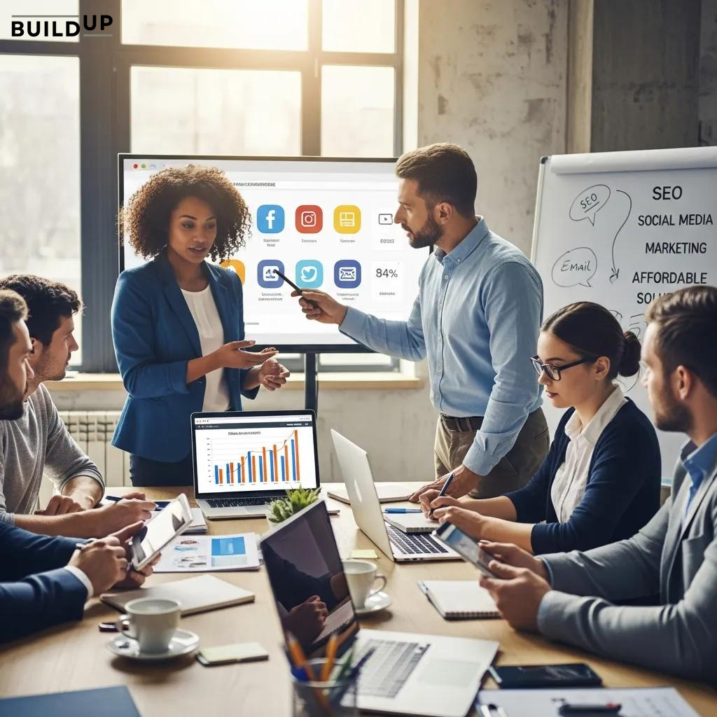 Small business owners collaborating on affordable digital marketing strategies in an office Small business owners collaborating on affordable digital marketing strategies in an office