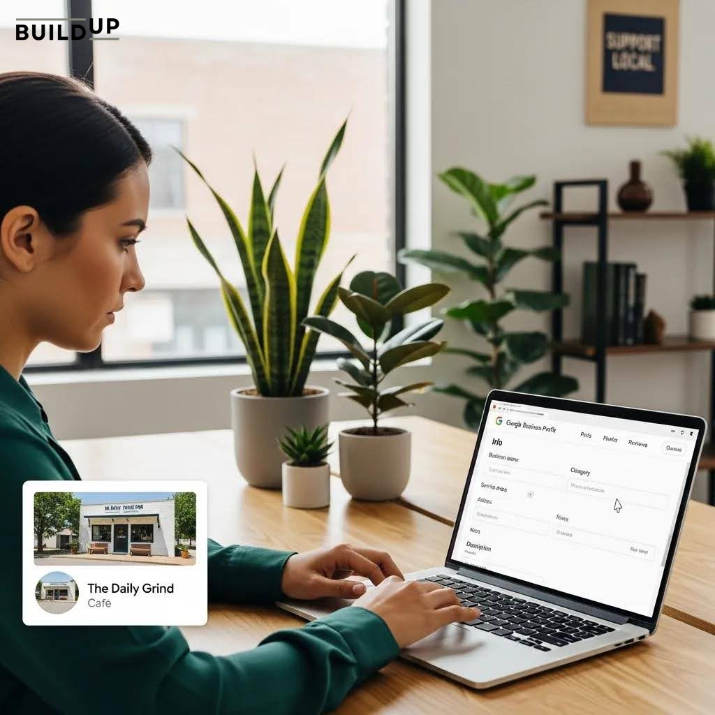 Business owner optimizing Google Business Profile for local visibility Business owner optimizing Google Business Profile for local visibility