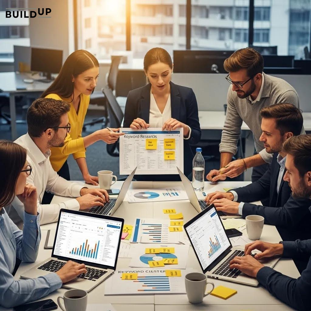 Team brainstorming keyword research techniques for SEO Team brainstorming keyword research techniques for SEO