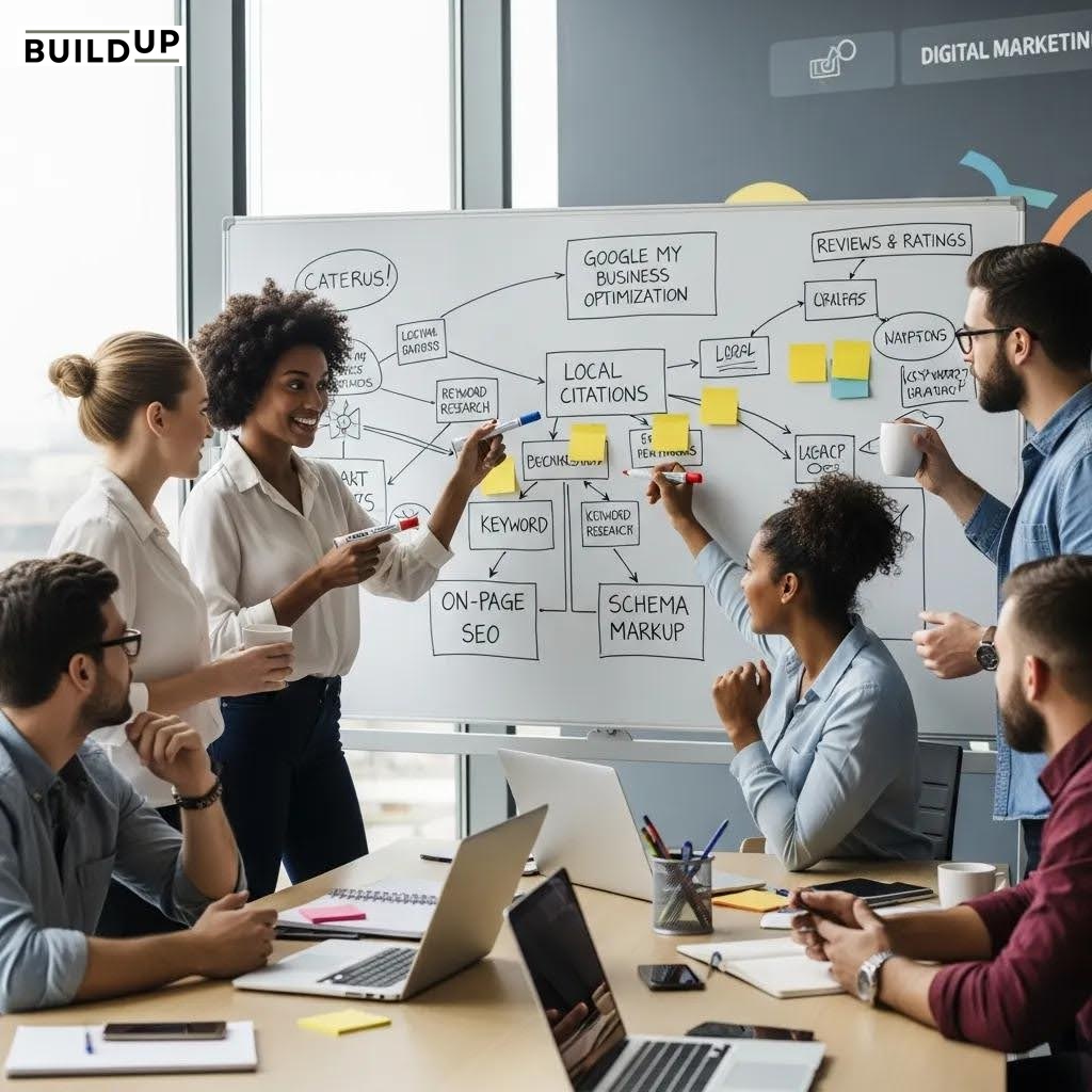 Team brainstorming local SEO strategies for Google Business Profile optimization