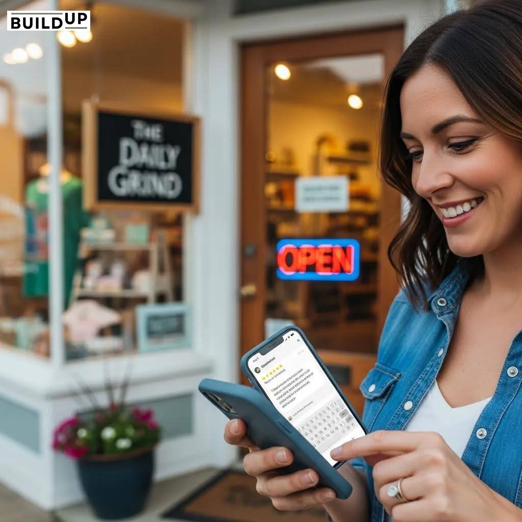 Business owner responding to customer reviews on smartphone outside storefront
