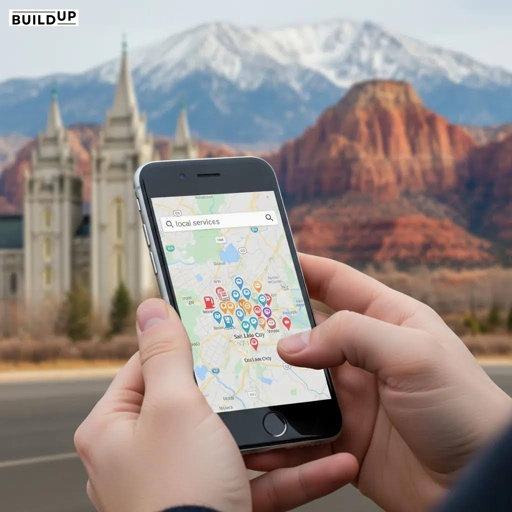 Person searching for local services on smartphone with Utah landmarks in the background