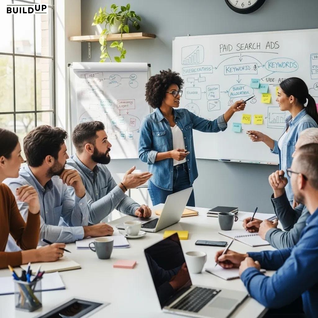 Diverse local business owners brainstorming strategies for paid search ads in a conference room Diverse local business owners brainstorming strategies for paid search ads in a conference room