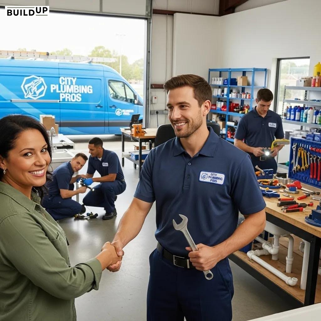 Successful local plumbing service with workers engaged in tasks and a satisfied customer Successful local plumbing service with workers engaged in tasks and a satisfied customer