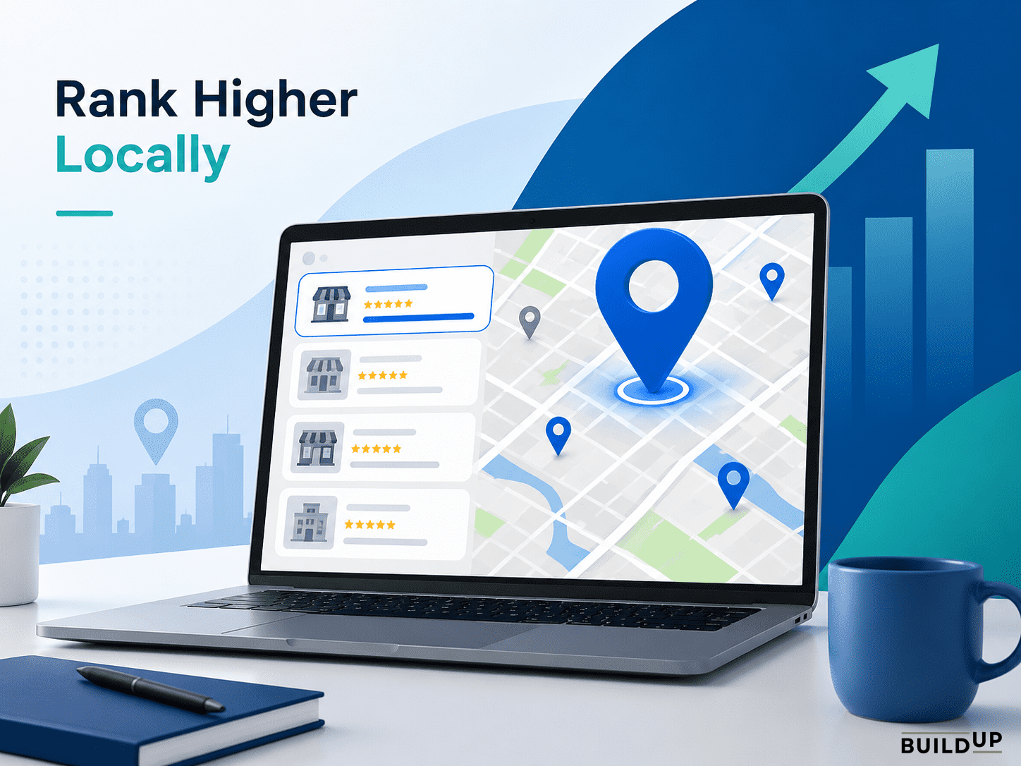 Laptop showing a local map with pins and ranking growth arrows, representing improved local SEO visibility.