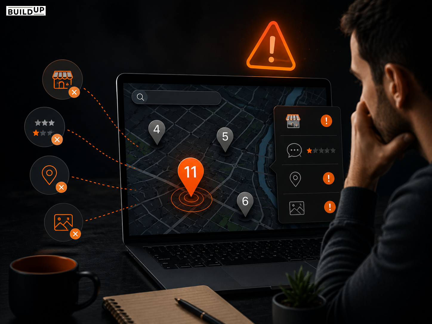 Man analyzing poor local map rankings on laptop with warning icons and orange SEO indicators in a dark workspace