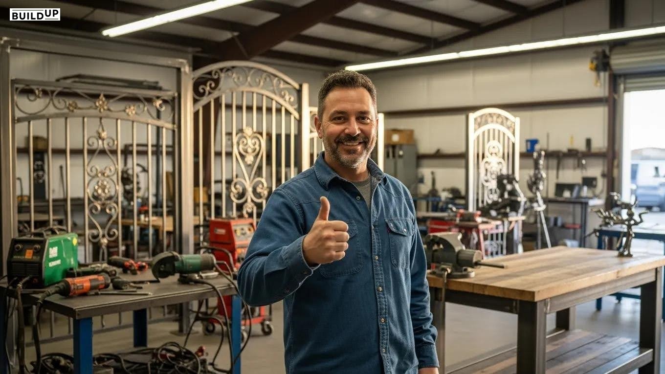 Satisfied customer giving a thumbs up in front of a fabrication shop, symbolizing trust and positive feedback Satisfied customer giving a thumbs up in front of a fabrication shop, symbolizing trust and positive feedback