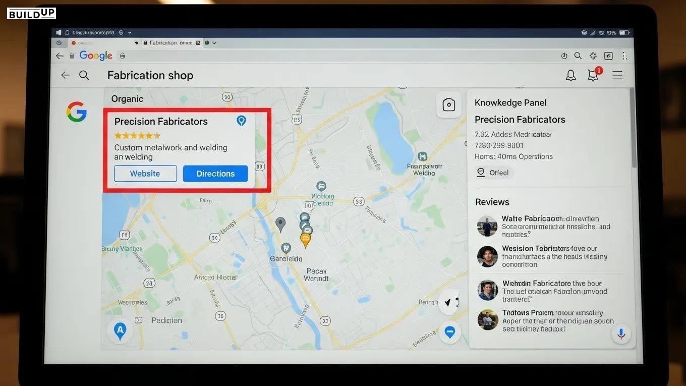 Computer screen showing Google search results for a fabrication shop, emphasizing local SEO and customer reviews Computer screen showing Google search results for a fabrication shop, emphasizing local SEO and customer reviews