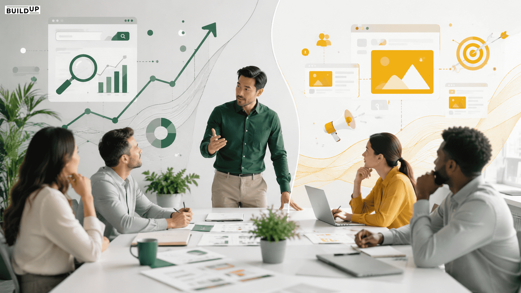 Business owner discussing seo and paid advertising strategies with employees during a digital marketing planning meeting. Business owner discussing seo and paid advertising strategies with employees during a digital marketing planning meeting.