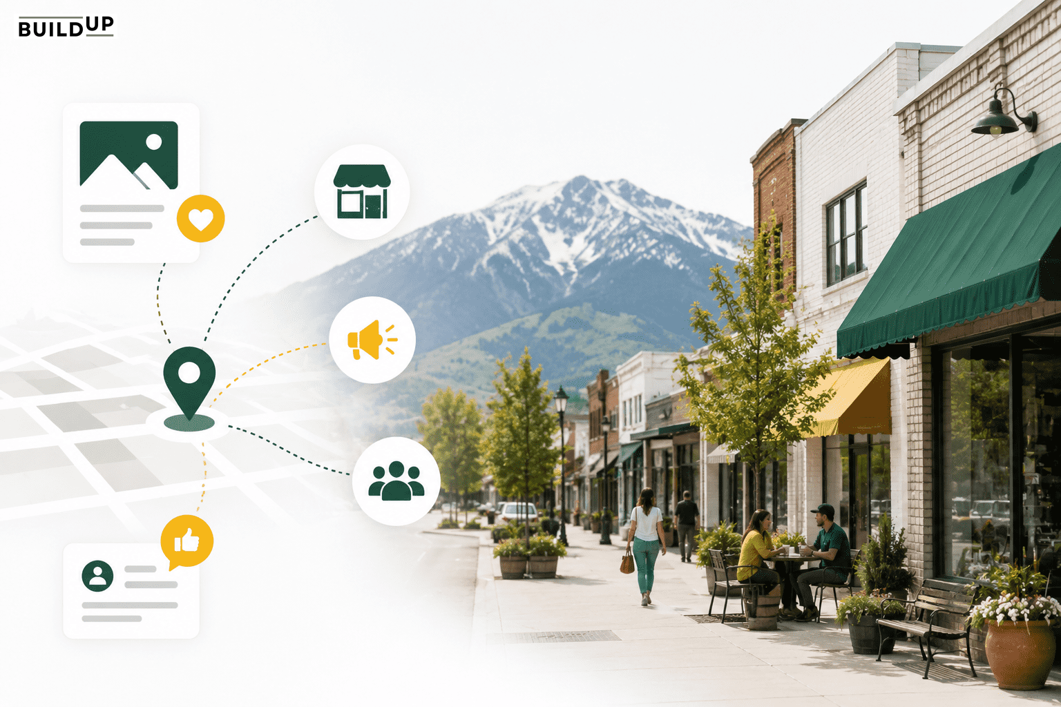 Heber City street scene with outdoor cafes and location icons highlighting a hyperlocal content strategy. Heber City street scene with outdoor cafes and location icons highlighting a hyperlocal content strategy.