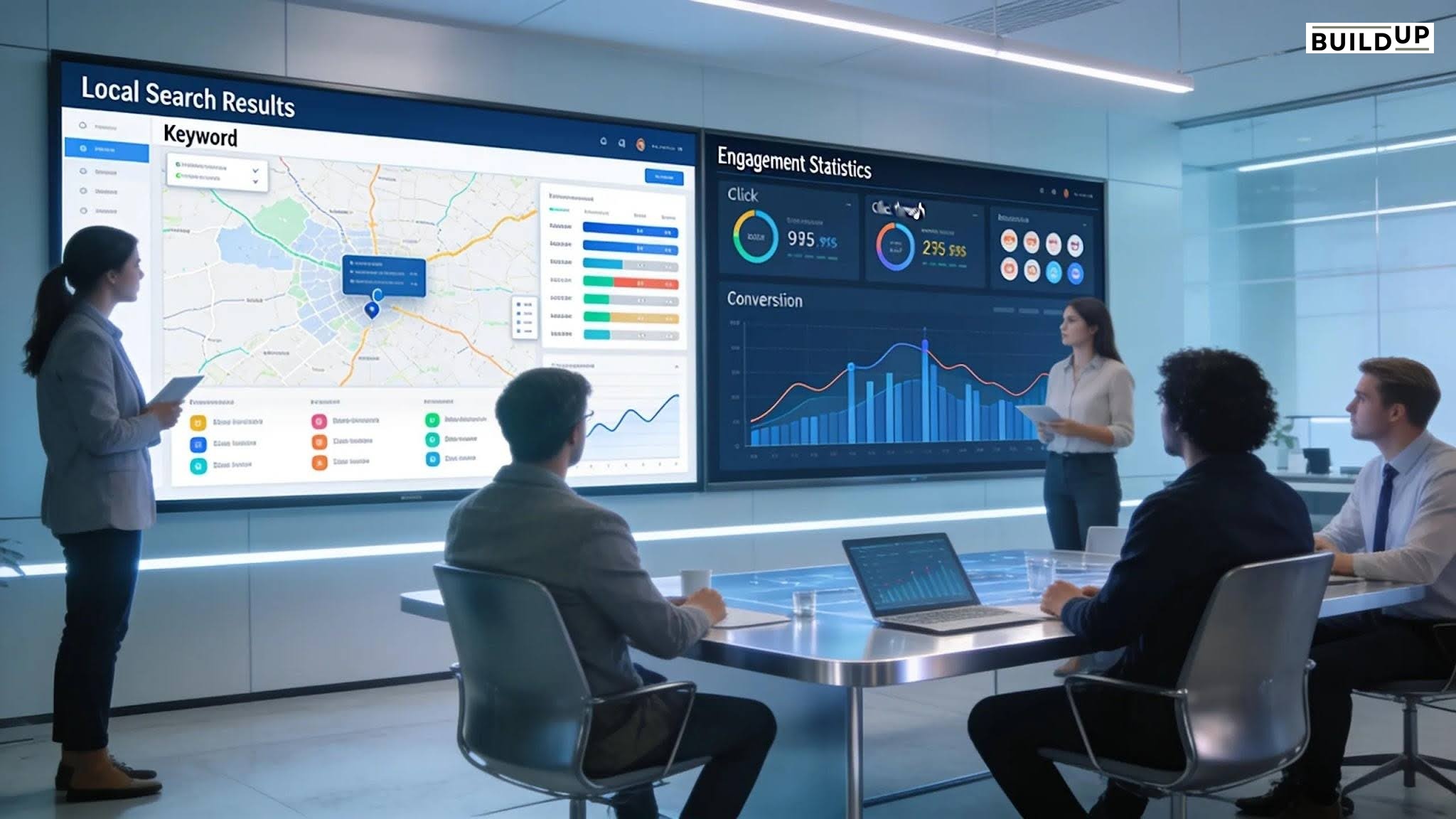 Marketing team analyzing local SEO performance metrics in a modern office environment