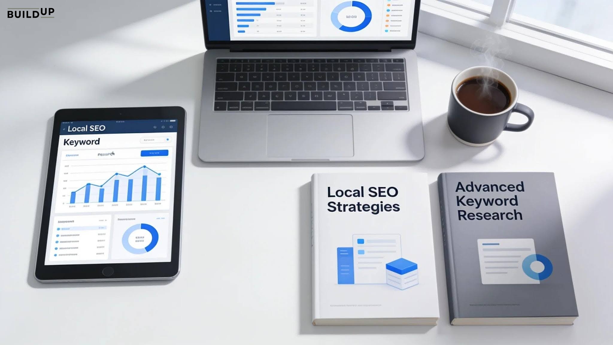 A desk with a tablet showing SEO graphs, a laptop with charts, two books titled Local SEO Strategies and Advanced Keyword Research, and a coffee cup.