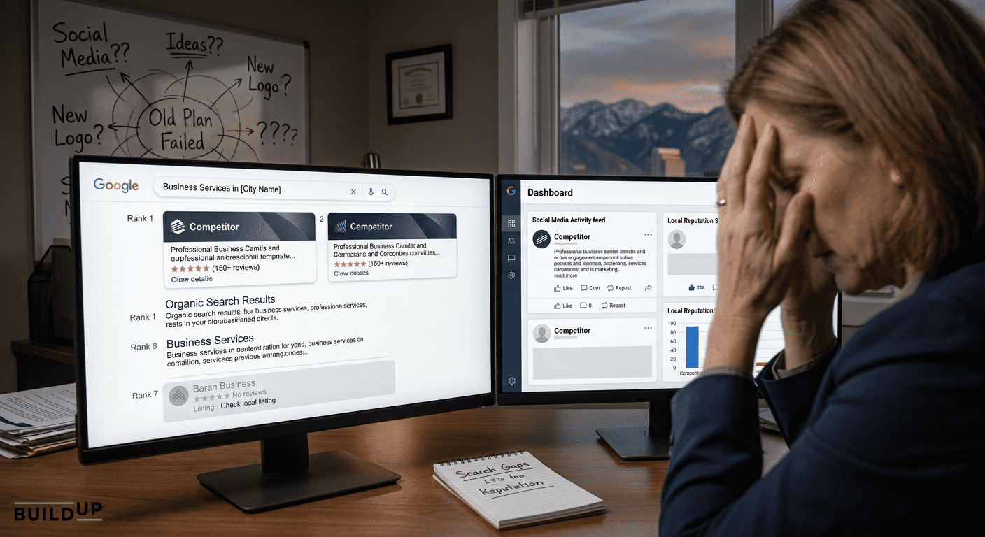 A stressed female business owner at her desk looking at dual monitors showing a competitor outranking her business in online search results and social media.