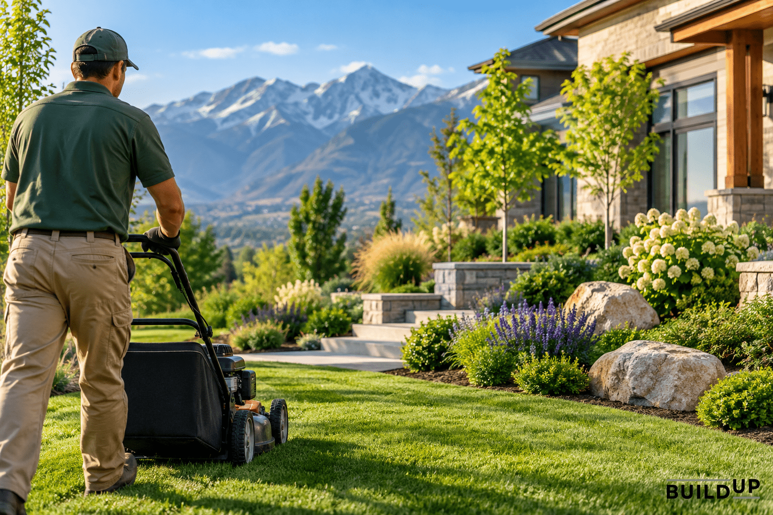 Professional landscaper mowing a lawn in a mountain-view residential yard.