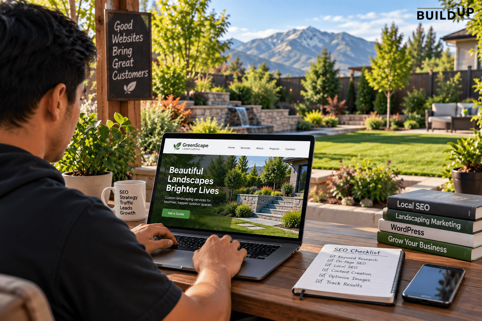 SEO specialist optimizing a landscaping website for local traffic and leads.