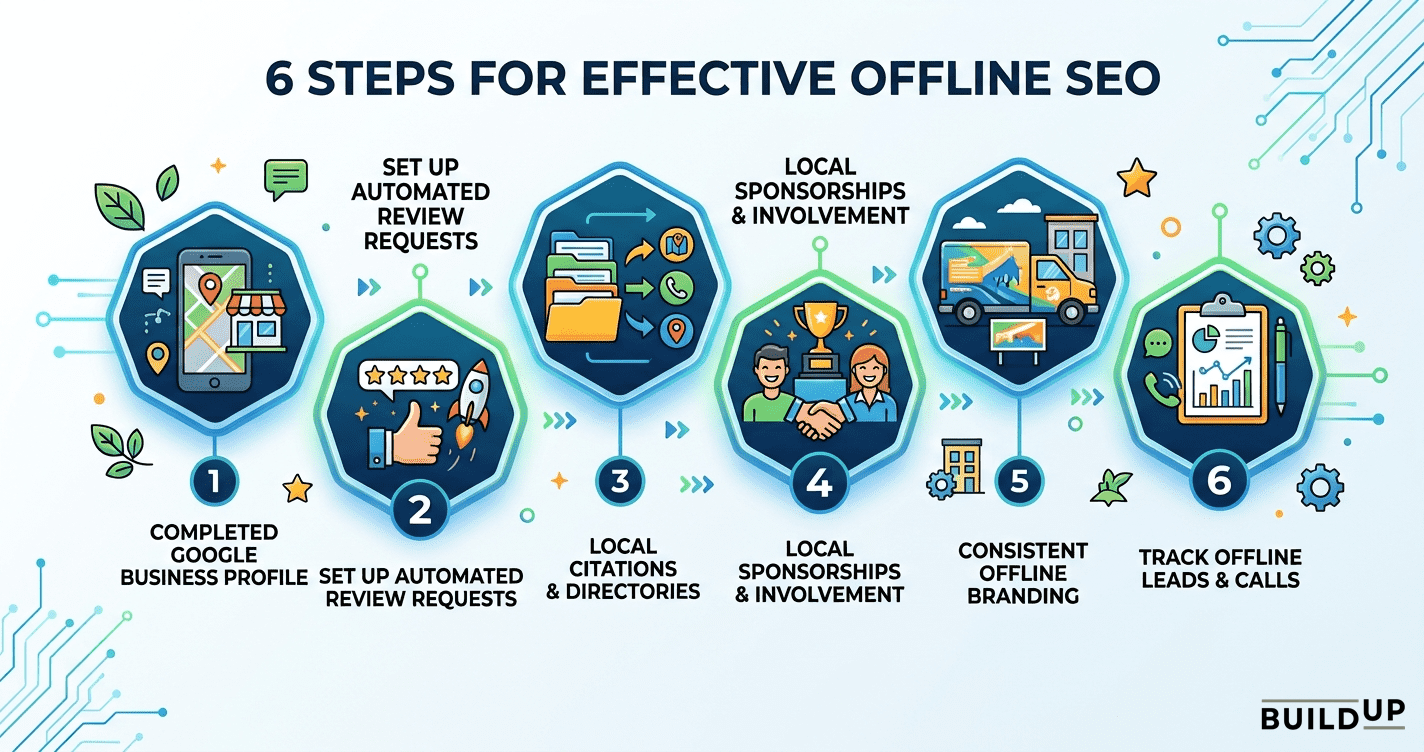 An infographic titled "6 Steps for Effective Offline SEO" featuring a numbered 6-step sequence with icons and short headers. An infographic titled "6 Steps for Effective Offline SEO" featuring a numbered 6-step sequence with icons and short headers.