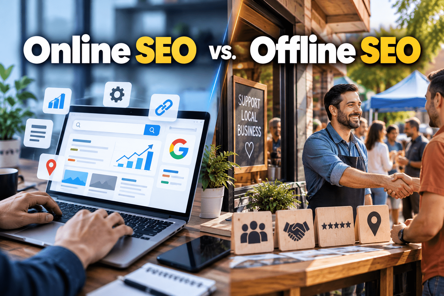 Online SEO vs. Offline SEO illustrated with digital tools and local business interactions. Online SEO vs. Offline SEO illustrated with digital tools and local business interactions.