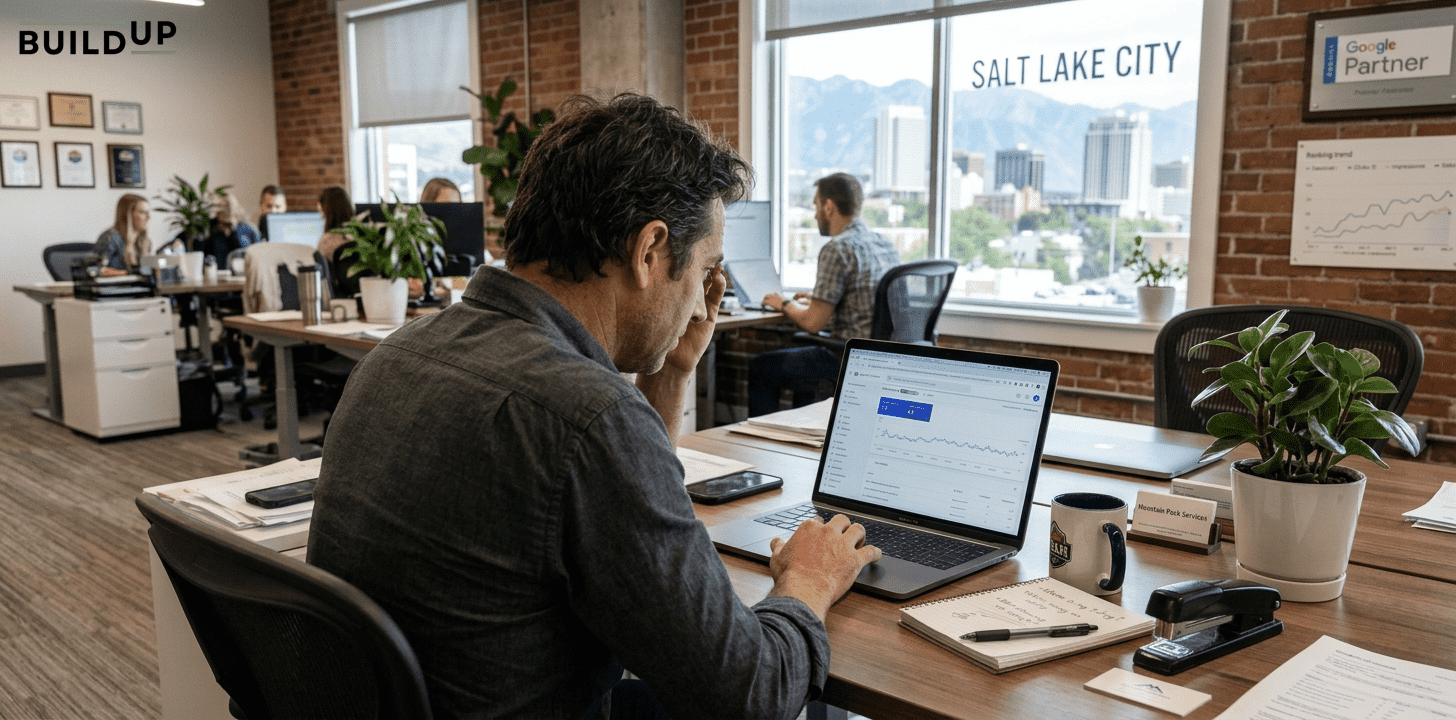 A business owner analyzes Google search results of his business on his laptop in a modern office setting. 