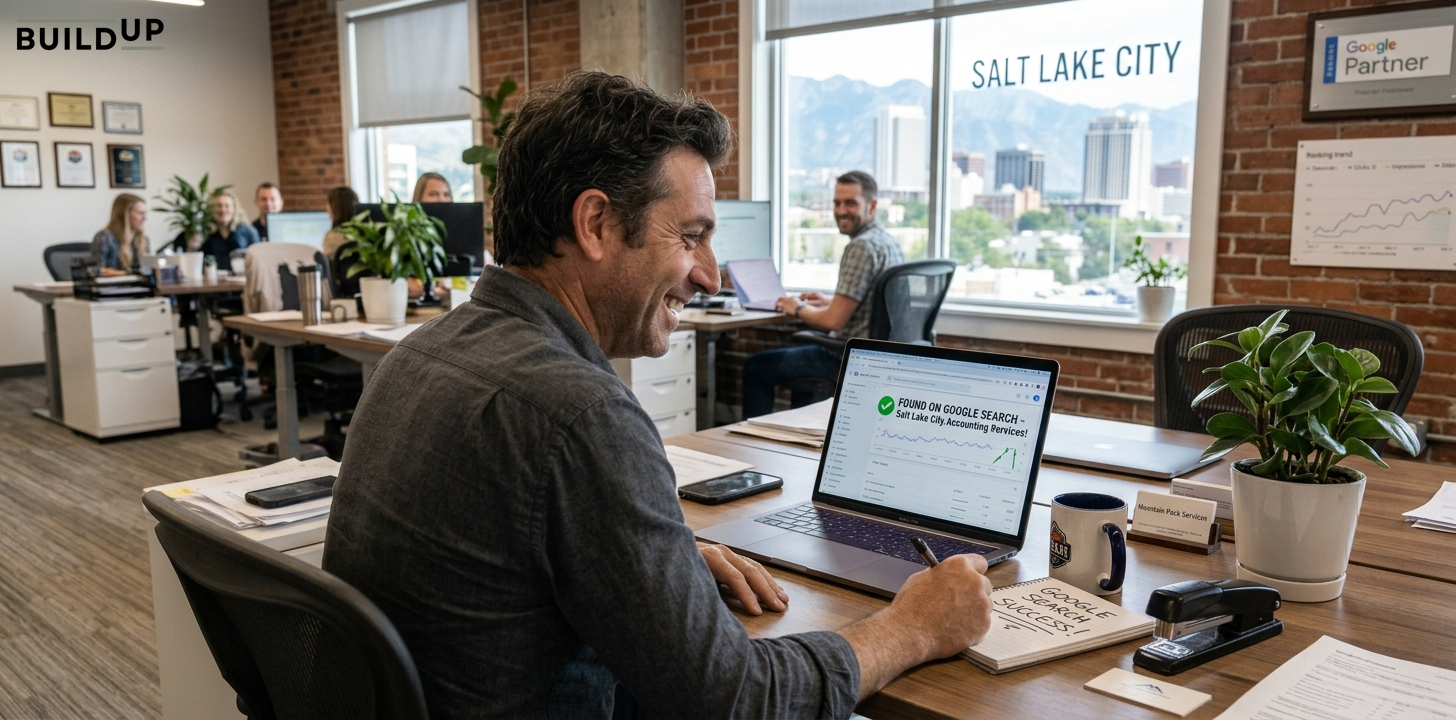 A business owner feeling happy looking at a laptop with a chart on the screen after his business shows up in google search in an office with other people in the background.