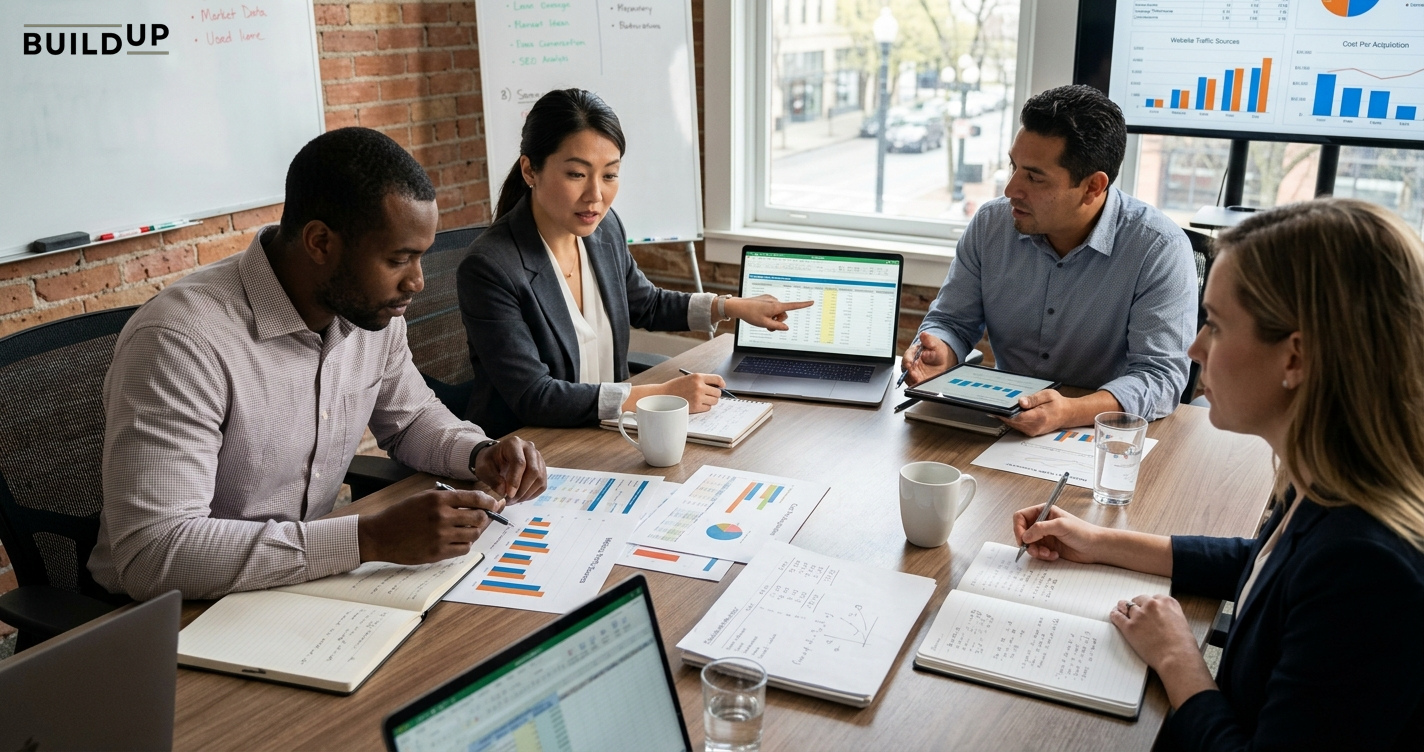 Diverse business team in a meeting analyzing charts and laptops to calculate local SEO ROI.