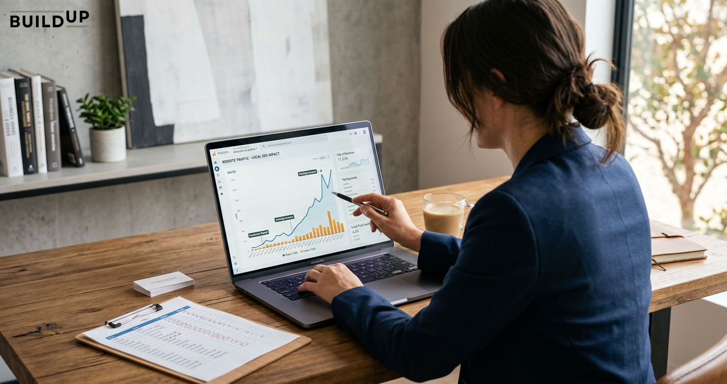 Business owner viewed from behind, analyzing local seo traffic metrics and line graphs on a laptop at a modern wooden desk.