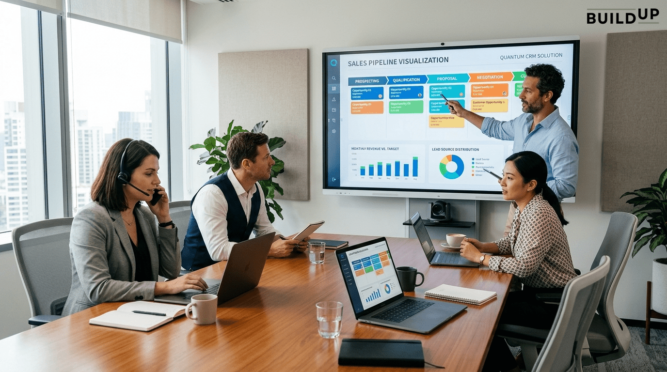 A diverse sales team collaborating in a modern conference room while reviewing a CRM sales pipeline and performance analytics displayed on a large screen. A diverse sales team collaborating in a modern conference room while reviewing a CRM sales pipeline and performance analytics displayed on a large screen.