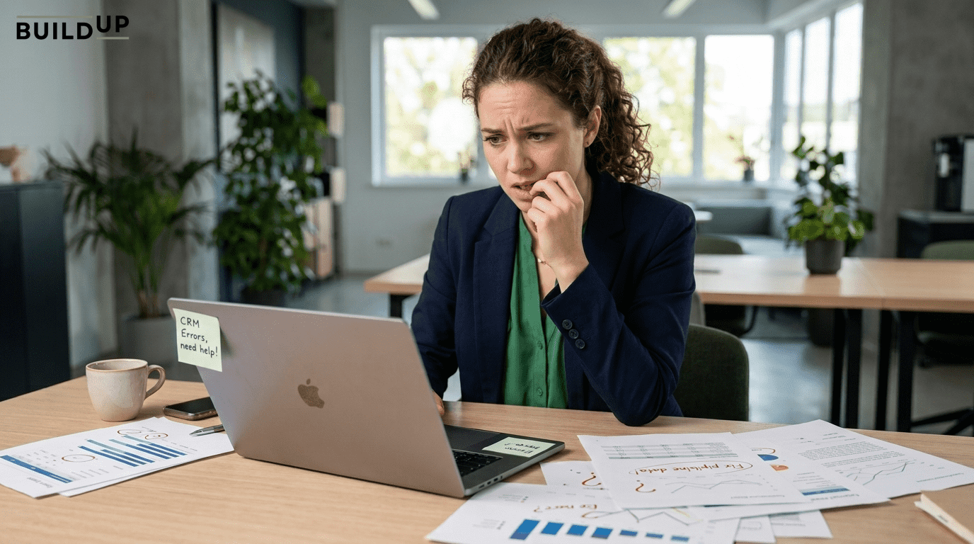 Anxious young female business owner looking concerned at her laptop while reviewing CRM system errors, surrounded by scattered data reports. Anxious young female business owner looking concerned at her laptop while reviewing CRM system errors, surrounded by scattered data reports.