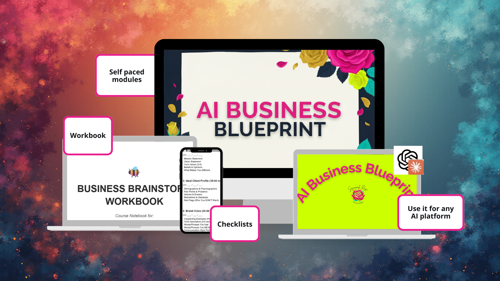 AI Business Blueprint course and workbook shown on a laptop