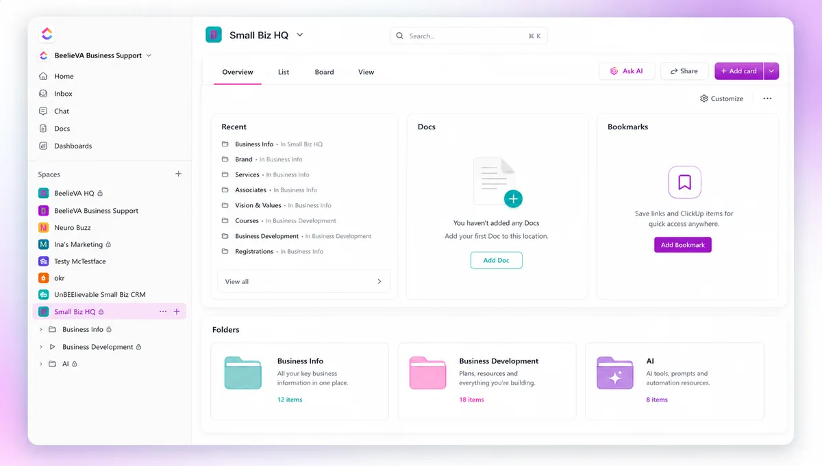 The SmallBizHQ ClickUp template dashboard