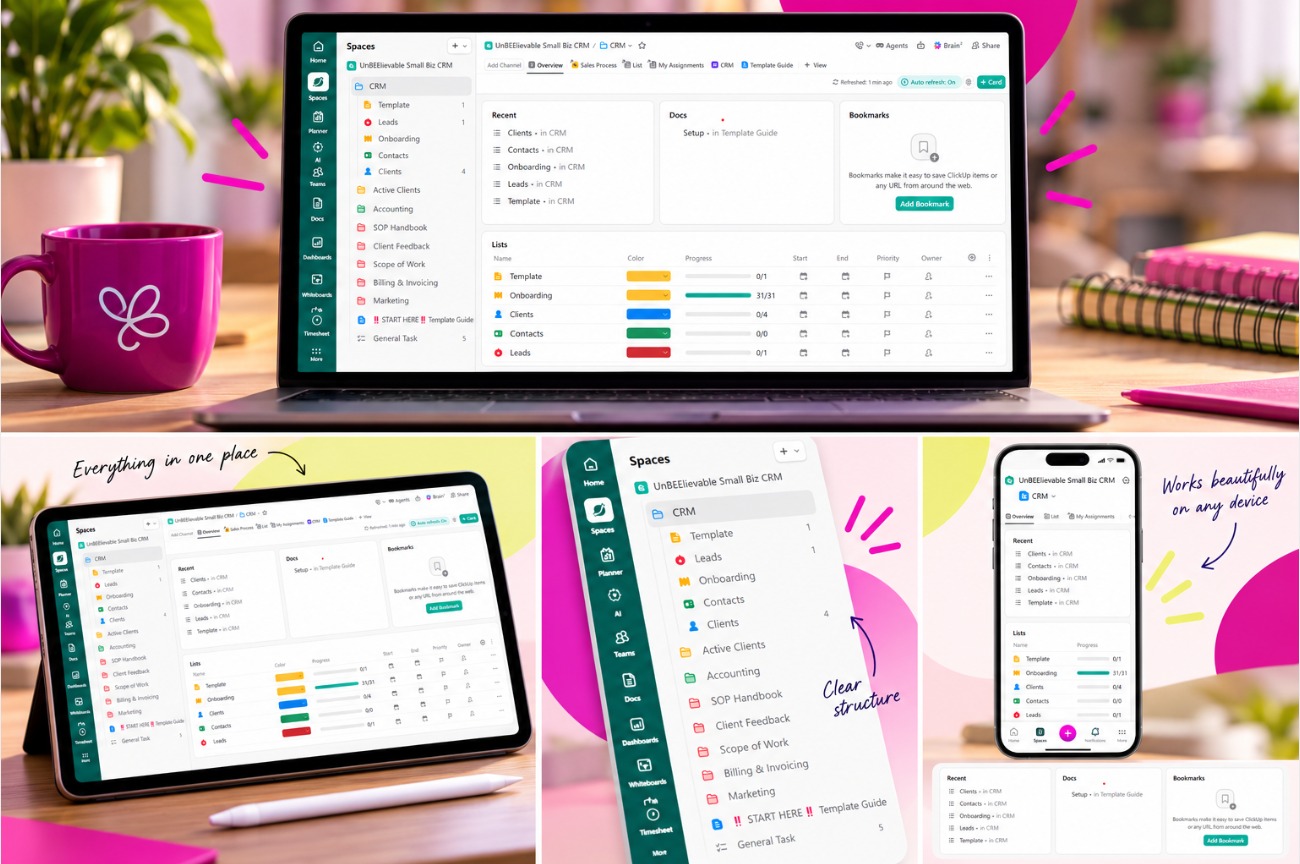 The ClickUp Small Biz CRM template shown on laptop, tablet and phone