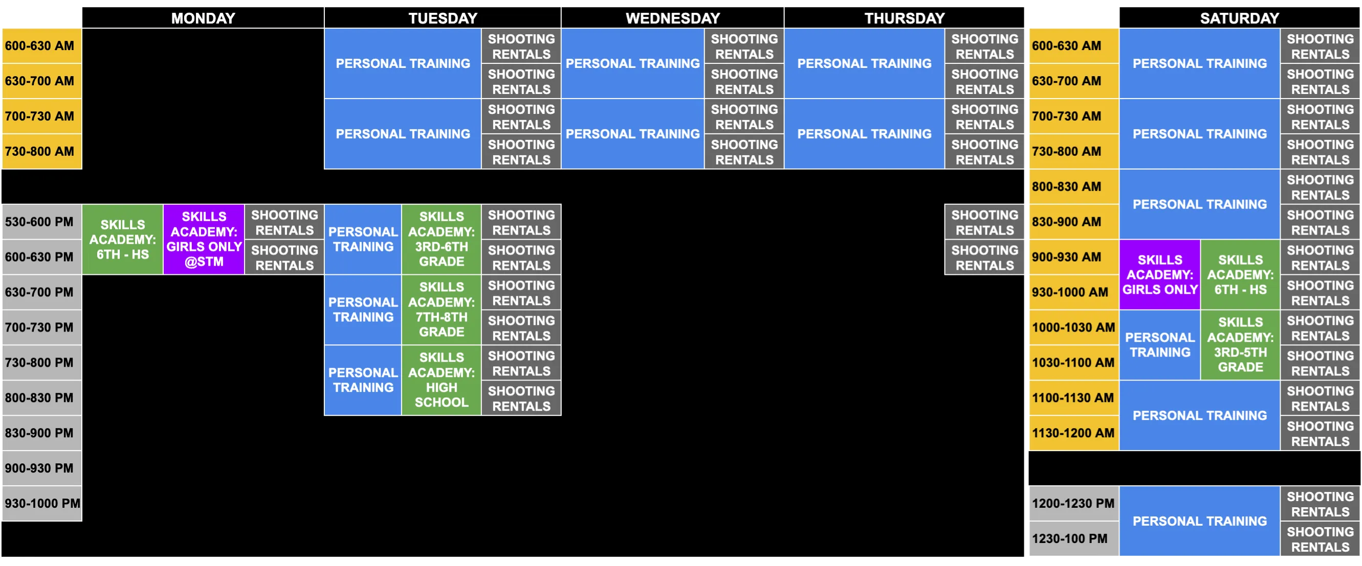 Weekly shooting machine rental schedule showing shooting rental time blocks Monday through Saturday