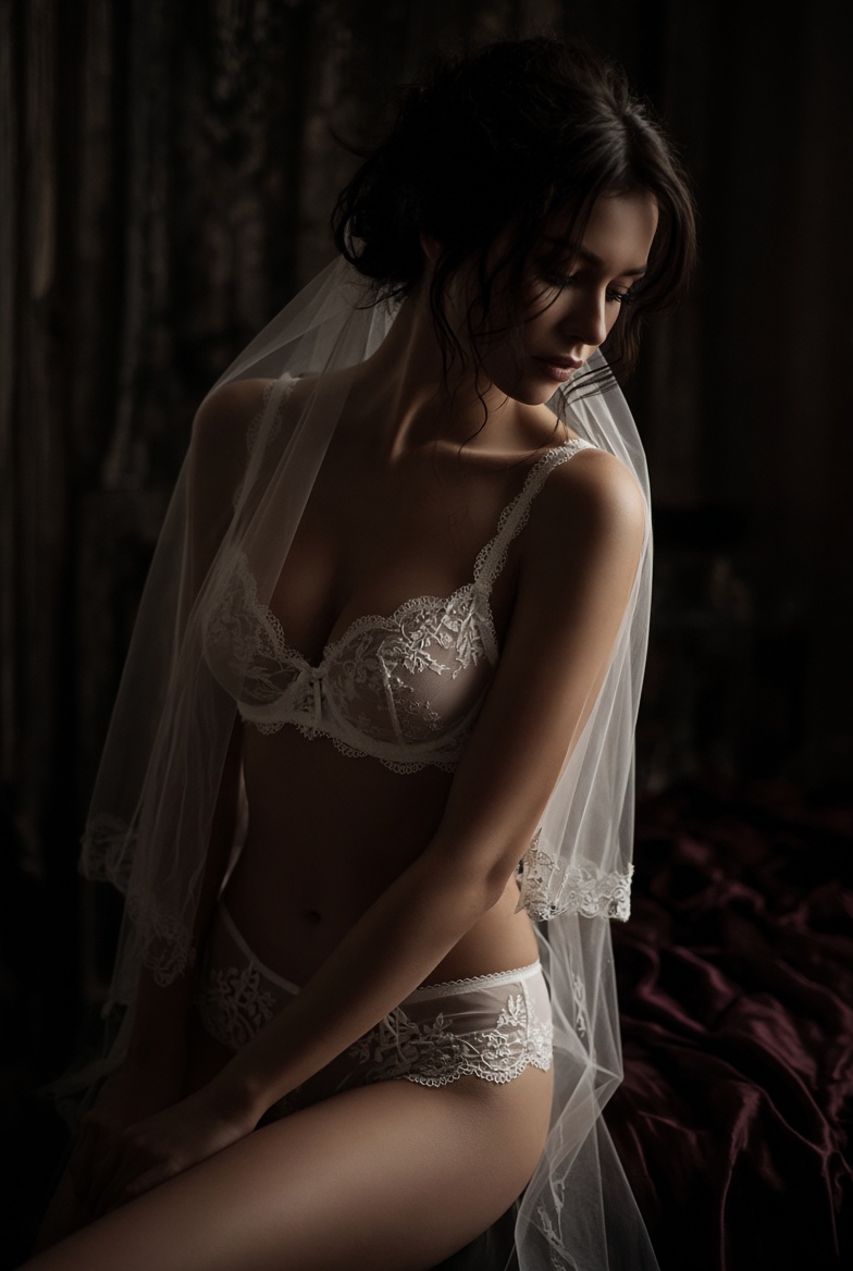 Bride seated in white lace lingerie with a cathedral veil against a dark backdrop at Fairytale After Dark Houston