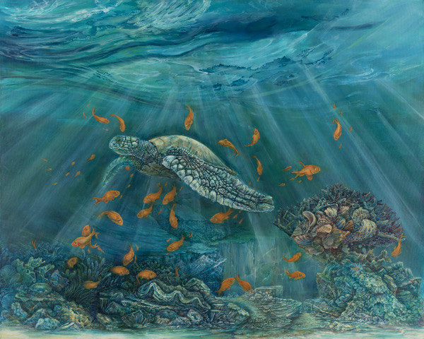 Large underwater acrylic painting depicting a sea turtle swimming among orange fish beneath beams of sunlight filtering through blue ocean water.