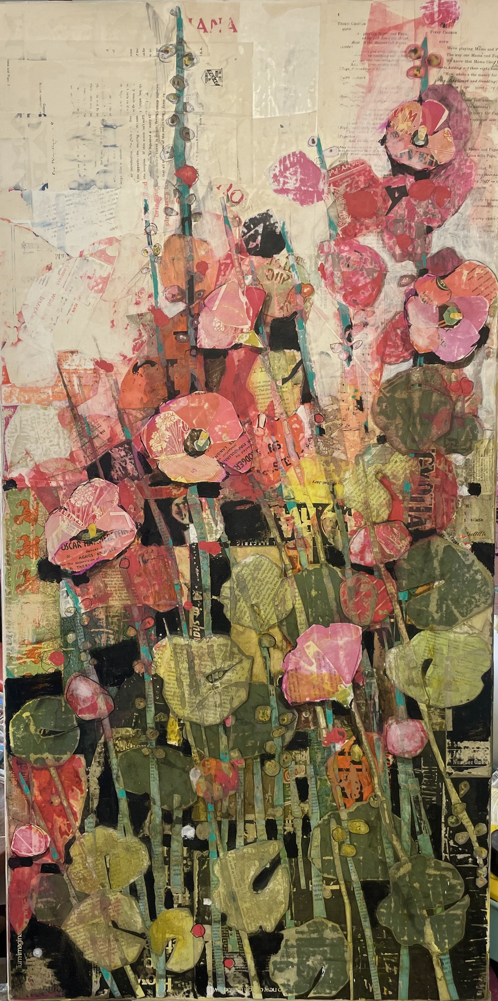 Hollyhocks #2 mixed media floral artwork with layered pink, green, and collage textures, featured in the Bold Women Soft Walls Women’s History Month exhibition in Idaho.