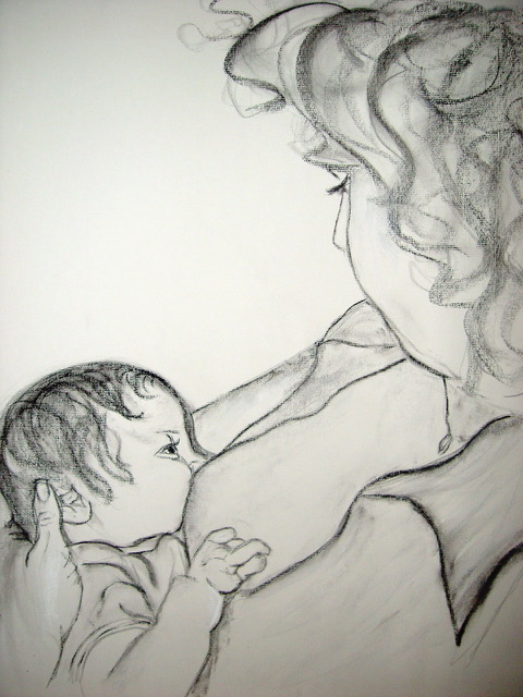 Special Bonds pencil drawing of a mother breastfeeding her baby, celebrating motherhood and feminine strength in the Bold Women Soft Walls art exhibition.
