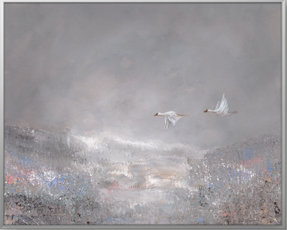 Half Moon Bay contemporary landscape painting displayed in a modern interior setting, available for purchase at Create Gallery and Frames in Garden City Idaho.