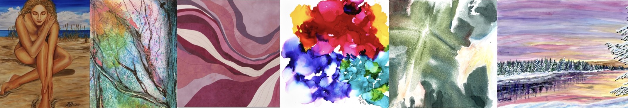 Collection of artworks from the Bold Women Soft Walls exhibition at Create Gallery and Frames, featuring figurative female forms, abstract compositions, vibrant color studies, and serene landscapes by women artists.