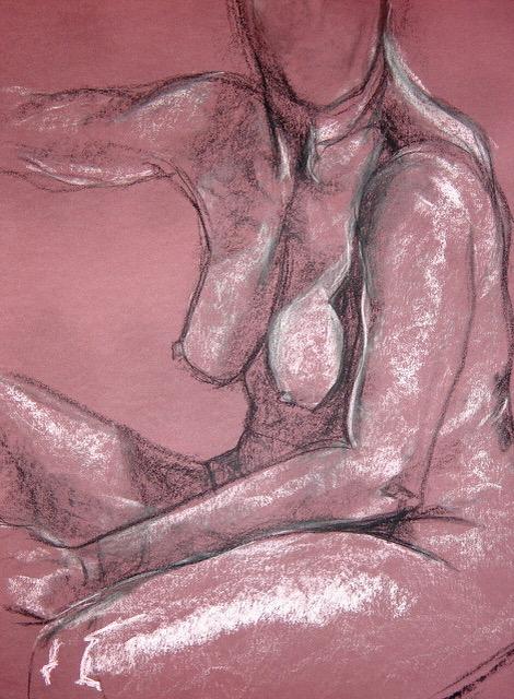 Charcoal-style painting of a seated female nude figure against a pink background, featured in the Bold Women, Soft Walls Women’s History Month exhibition at Create Gallery and Frames.