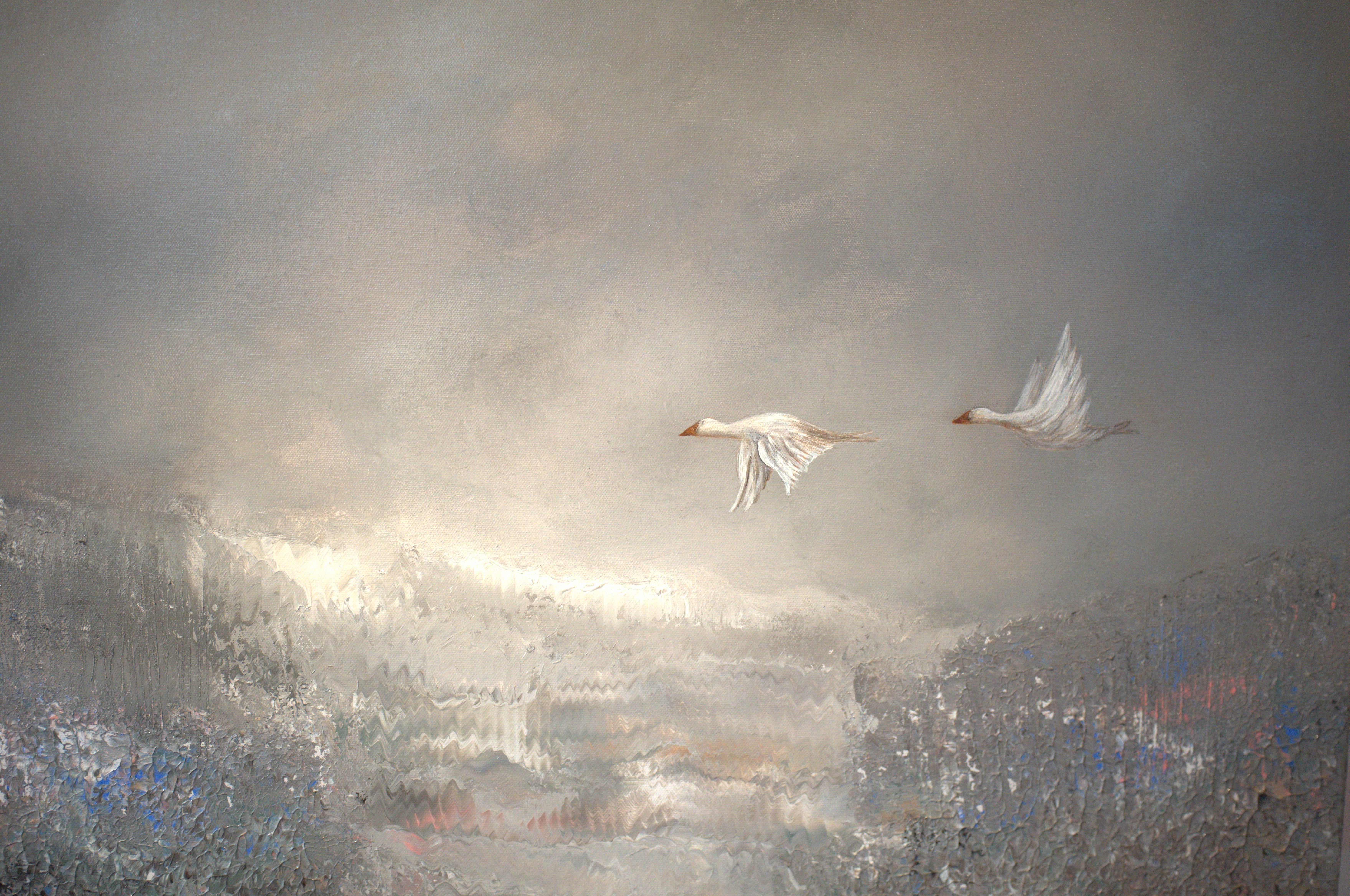 Atmospheric landscape painting with birds flying through soft light and mist.