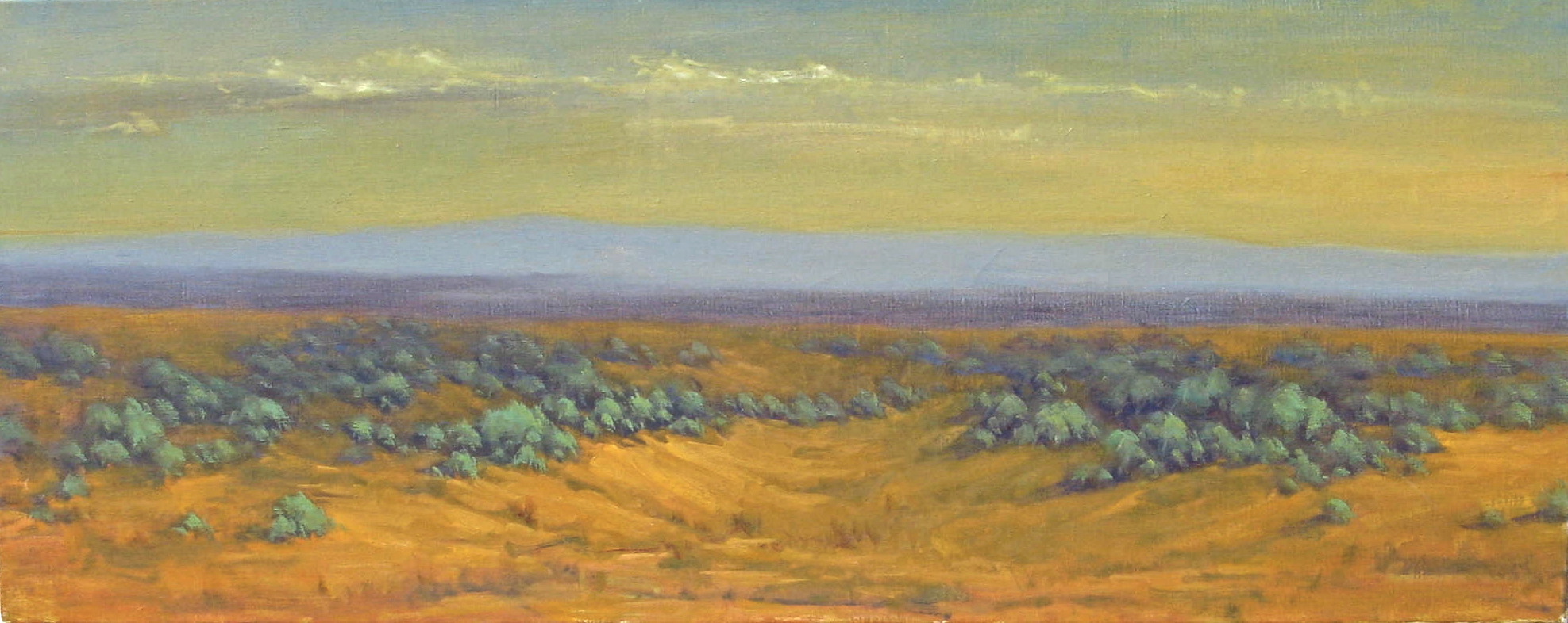 Wide oil painting of the Bonneville Salt Flats featuring soft yellow, blue, and lavender tones stretching across an expansive horizon.