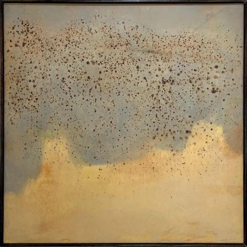 Large abstract artwork in neutral earth tones by Stephen Rybacki displayed in a gallery