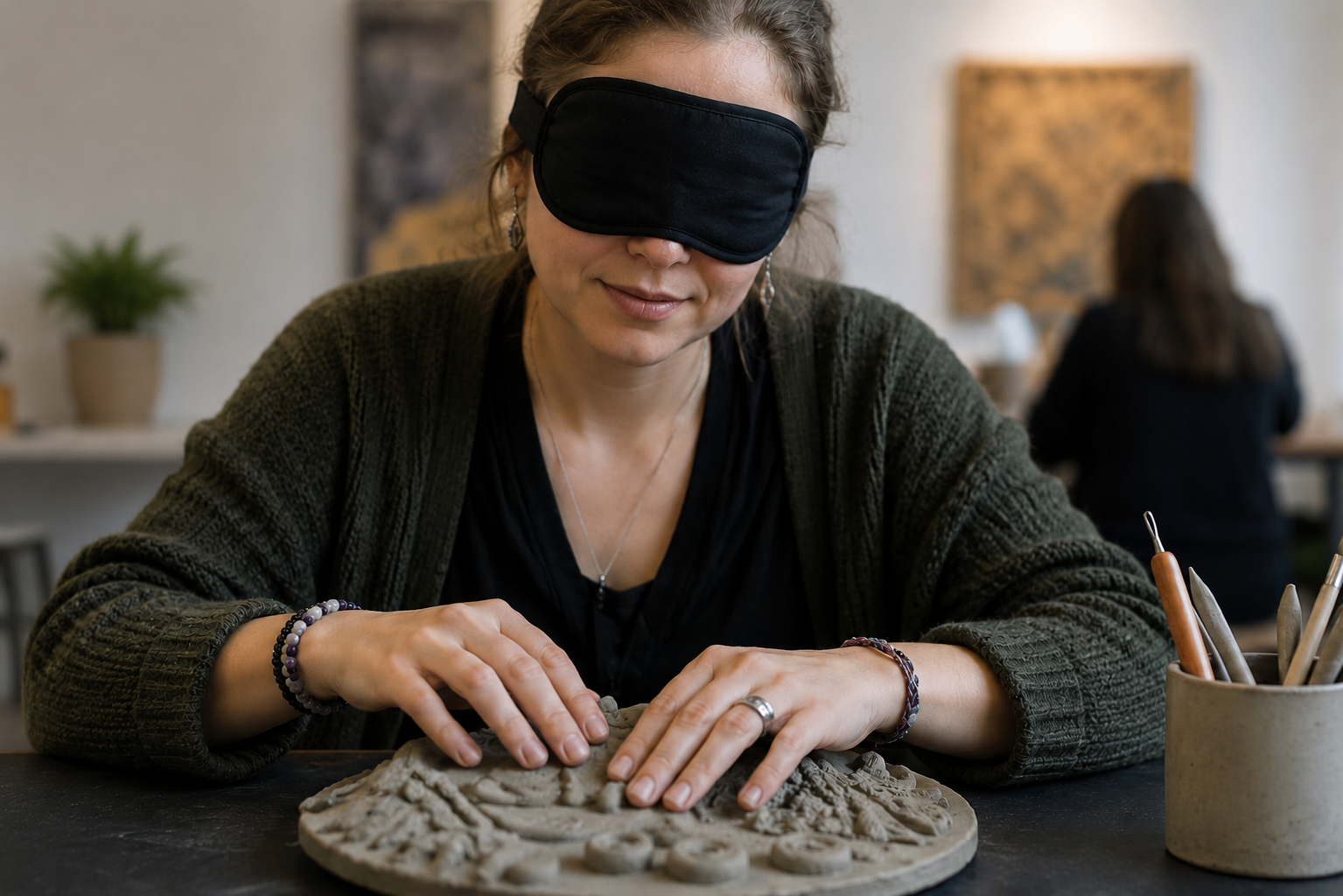 Participant exploring a creative activity through touch while wearing a sleep mask.