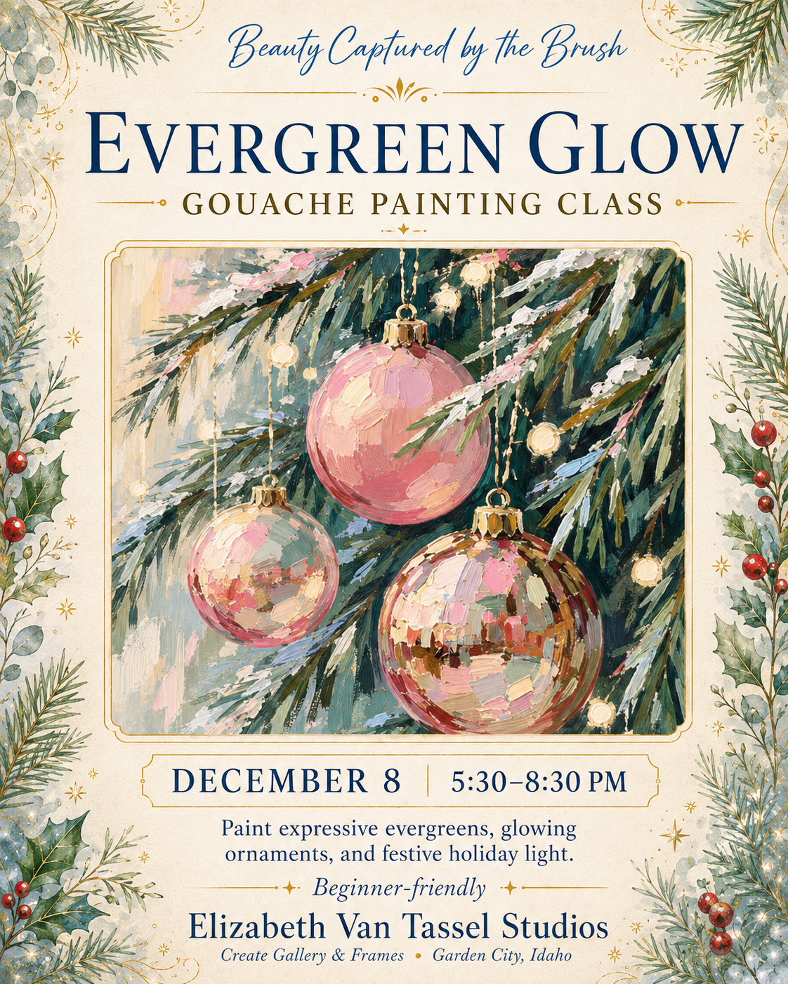 Gouache painting of pink Christmas ornaments hanging among evergreen branches and glowing holiday lights.
