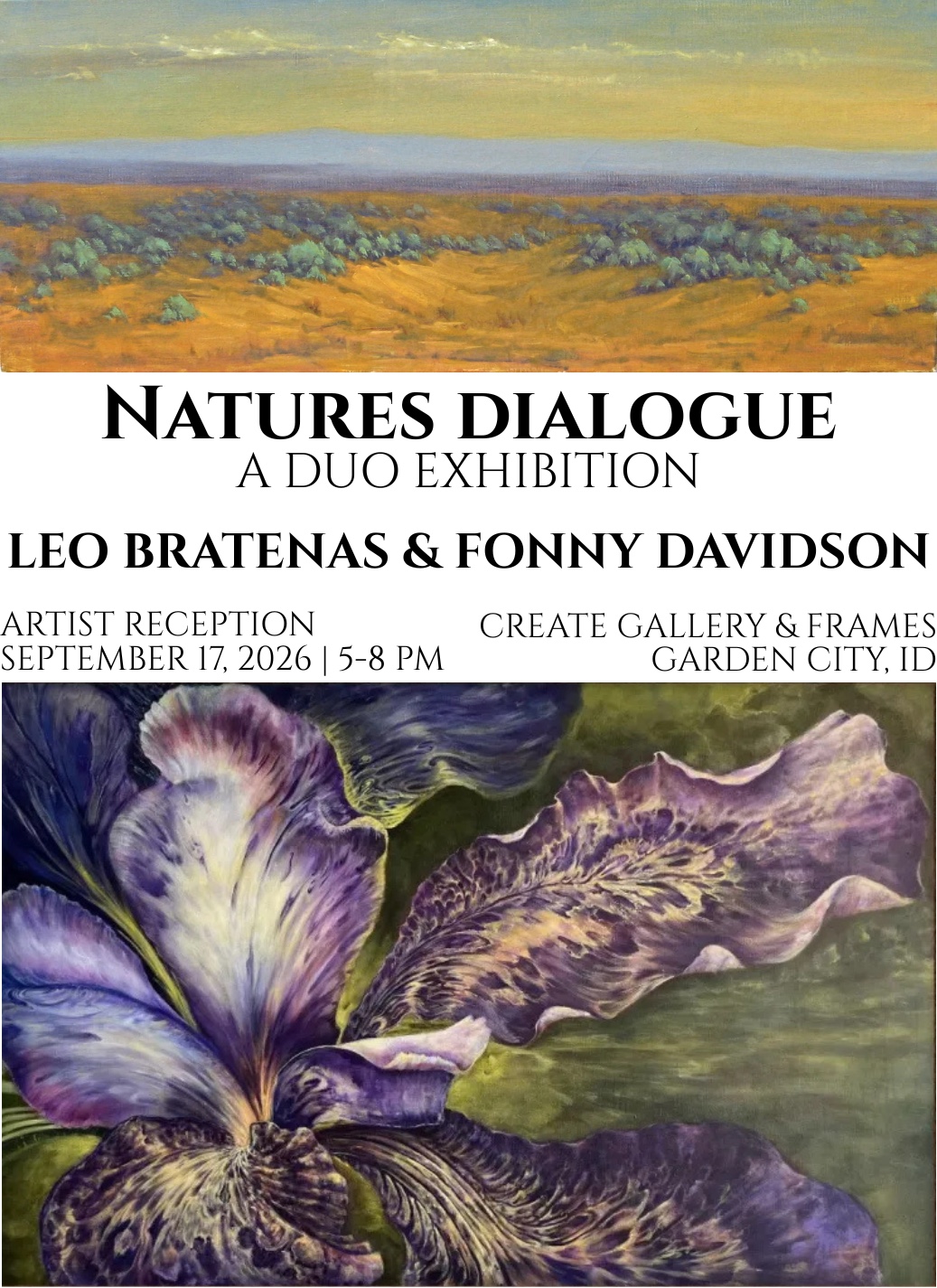 Nature’s Dialogue duo exhibition featuring artists Leo Bratenas and Fonny Davidson at Create Gallery & Frames in Garden City, Idaho