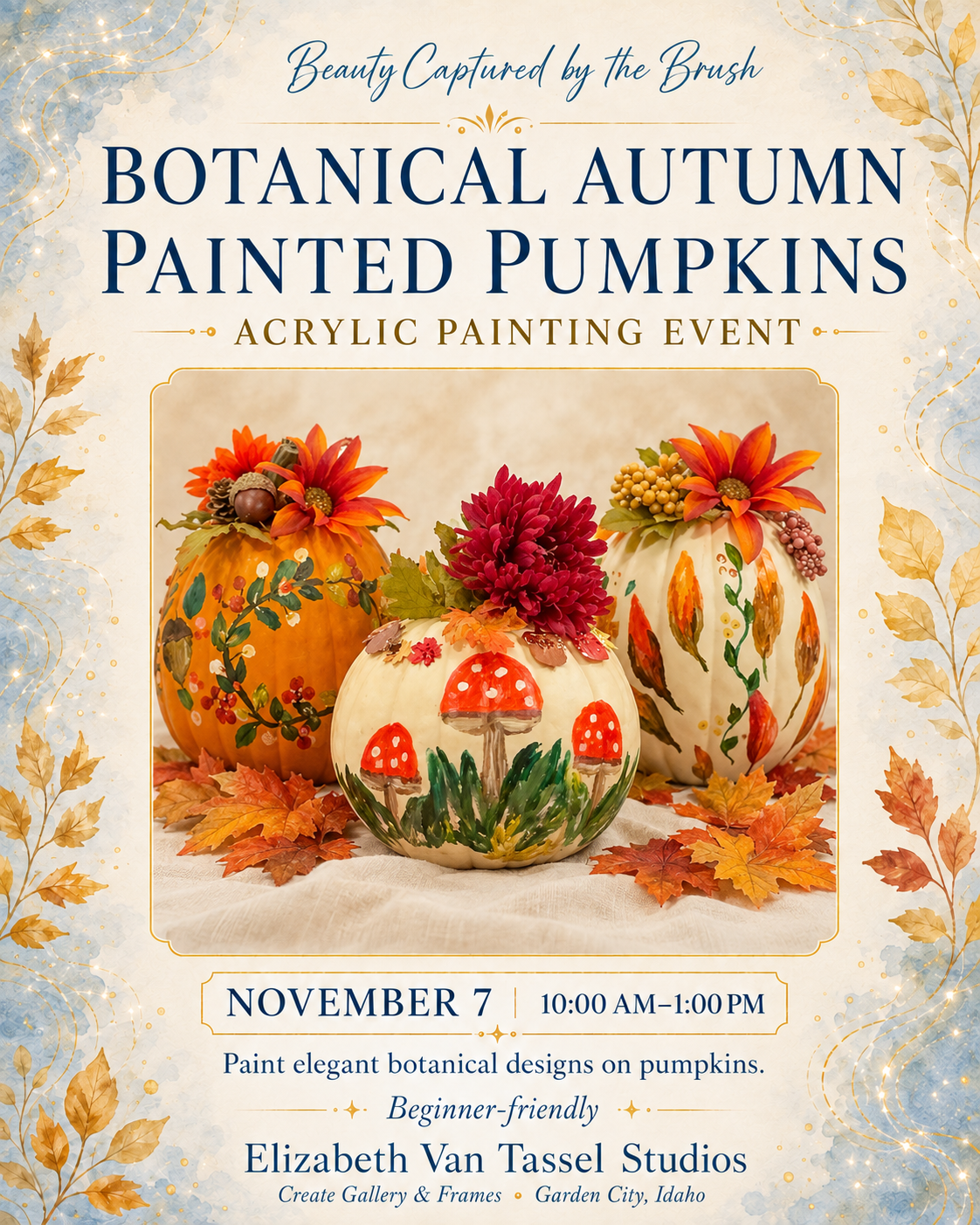 Three pumpkins decorated with elegant autumn botanical designs for an acrylic painting workshop with Elizabeth Van Tassel Studios.