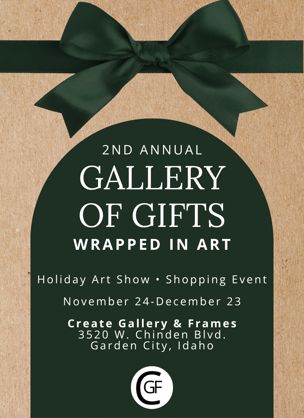Second Annual Gallery of Gifts holiday art show poster featuring a green ribbon and bow, hosted by Create Gallery & Frames in Garden City, Idaho.