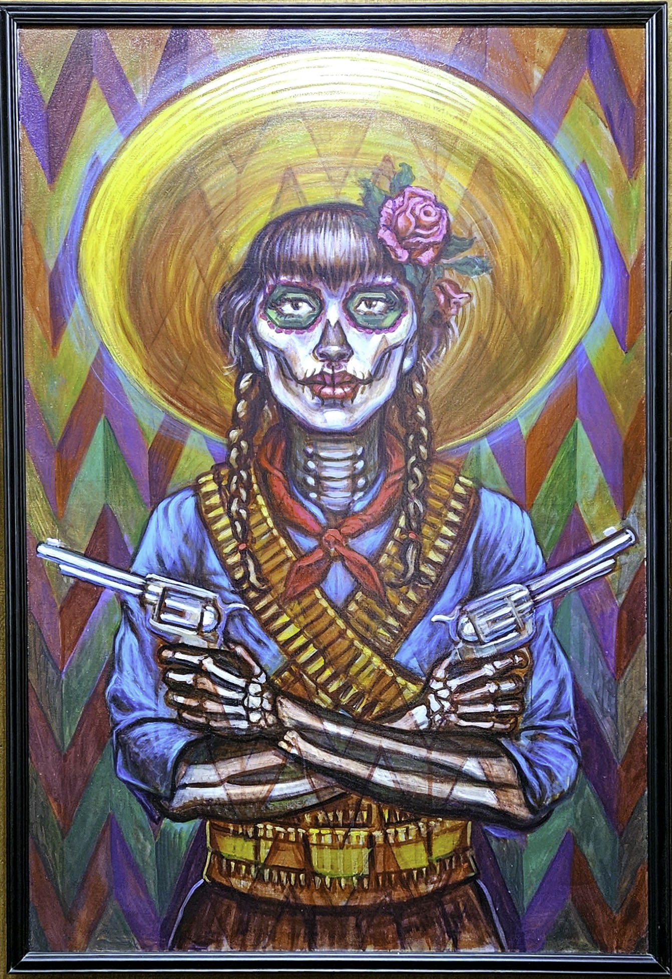 Colorful painting by Francisco Franco named Adelina depicting a skeletal woman with a bright yellow halo and crossed pistols. Colorful painting by Francisco Franco named Adelina depicting a skeletal woman with a bright yellow halo and crossed pistols.