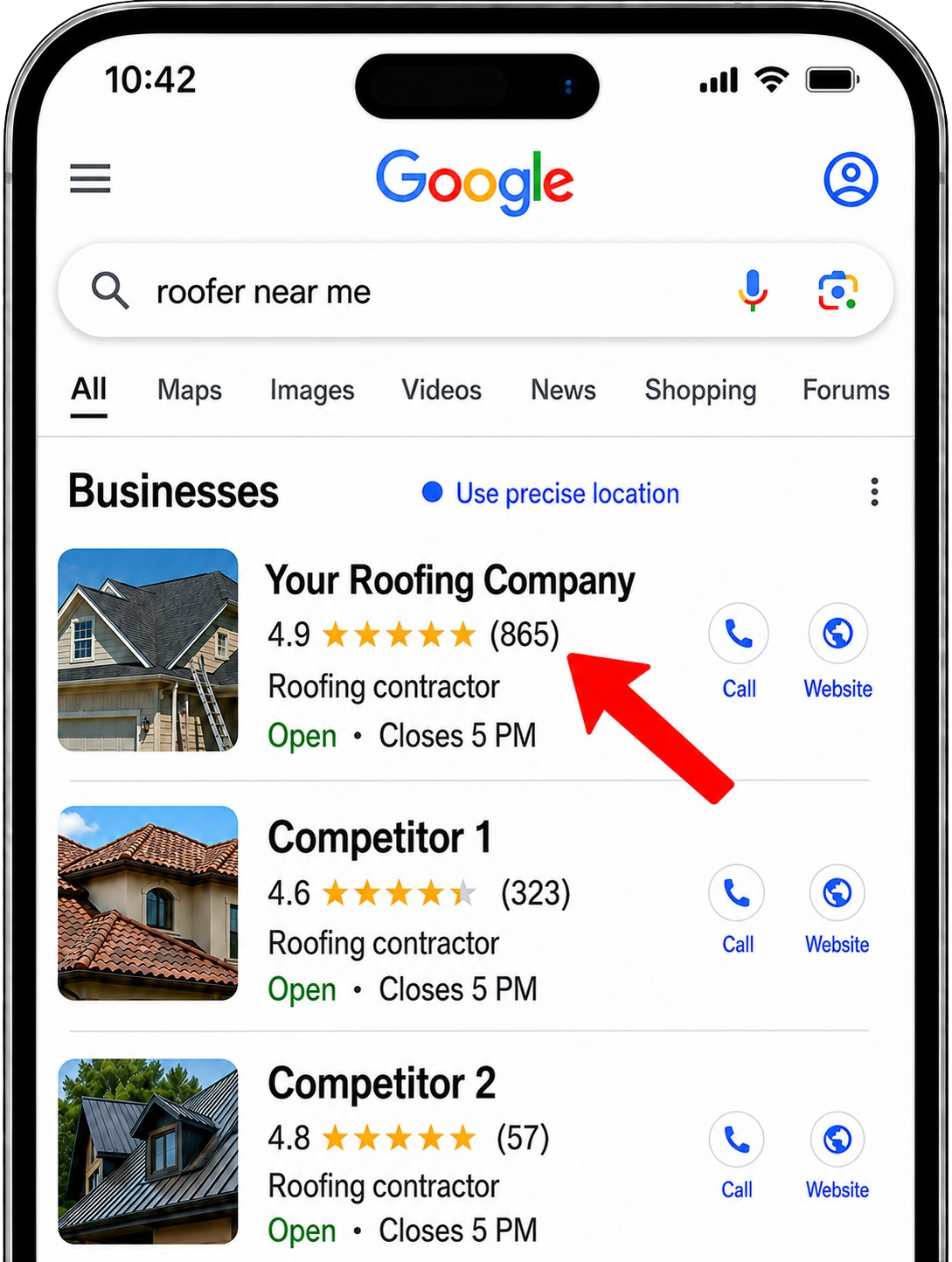 Google search results showing Your Roofing Company ranking first with 865 reviews
