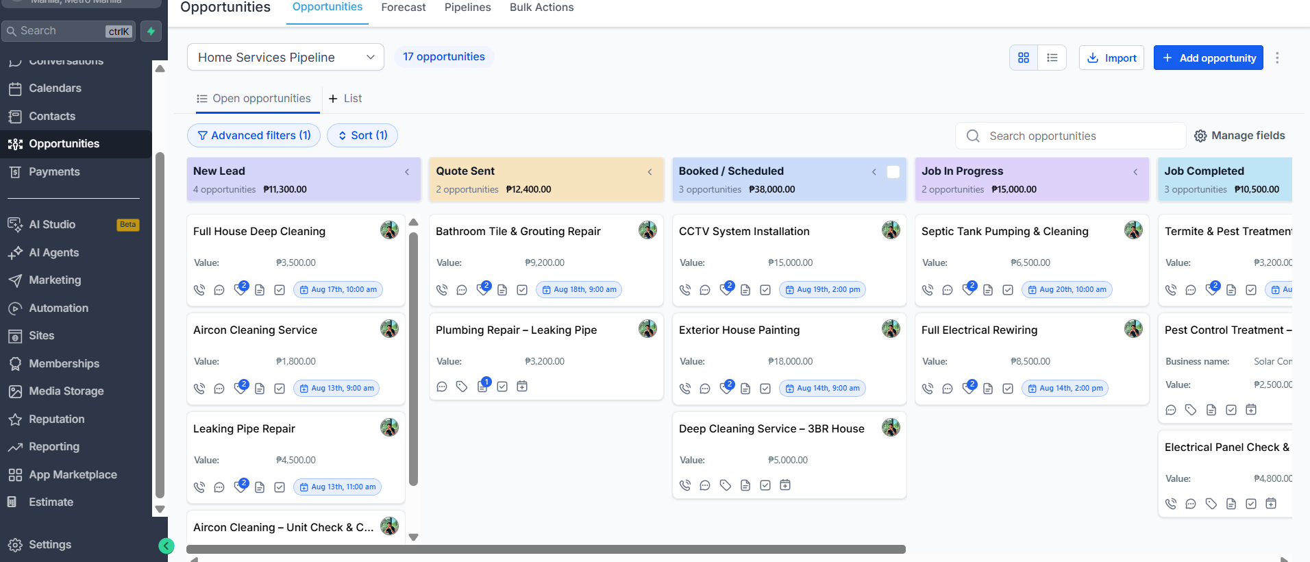 CRM Sample Pipeline for Home Services — Lead-to-Job Workflow (GoHighLevel)